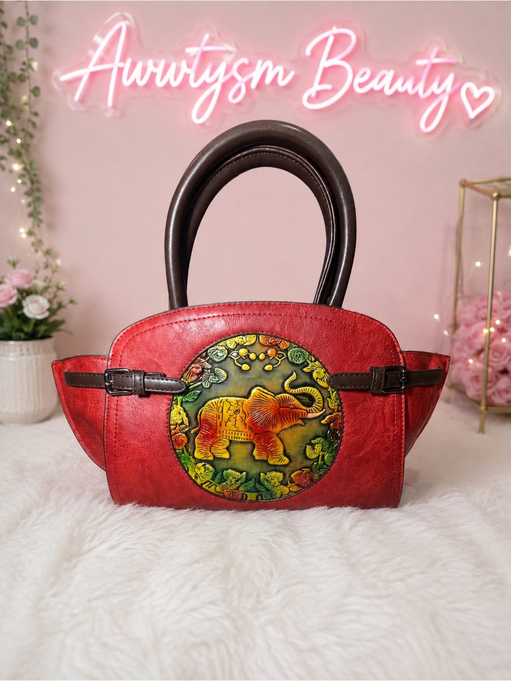 NWOT- RED LEATHER-LOOK SATCHEL WITH HAND-PAINTED ELEPHANT MEDALLION